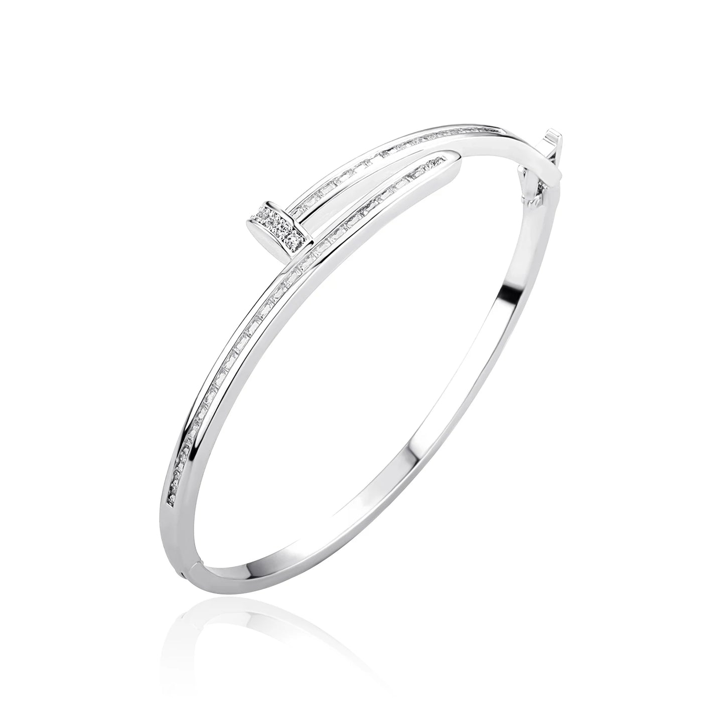 ALLICEONYOU Bending Nail Bracelet – Iced Out Silver Hip Hop Charm with High-Quality Cubic Zirconia