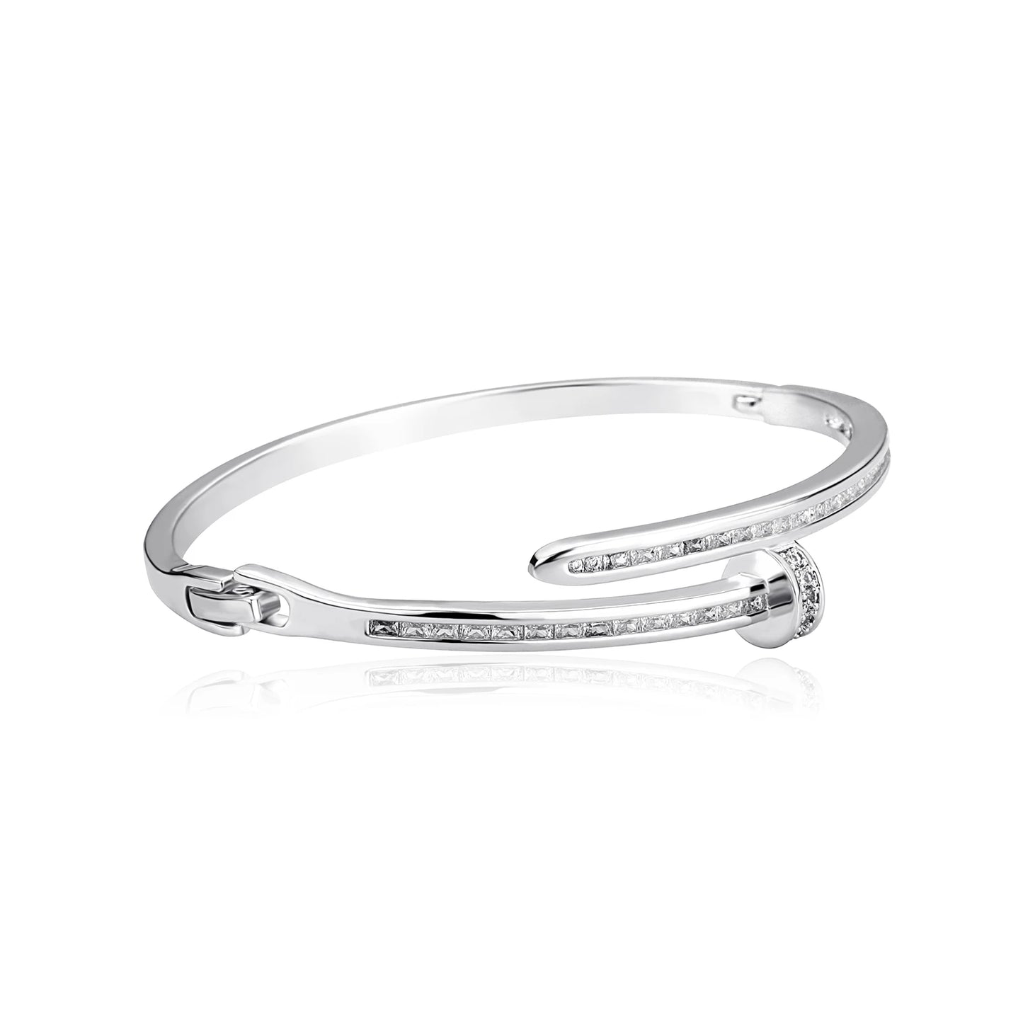 ALLICEONYOU Bending Nail Bracelet – Iced Out Silver Hip Hop Charm with High-Quality Cubic Zirconia