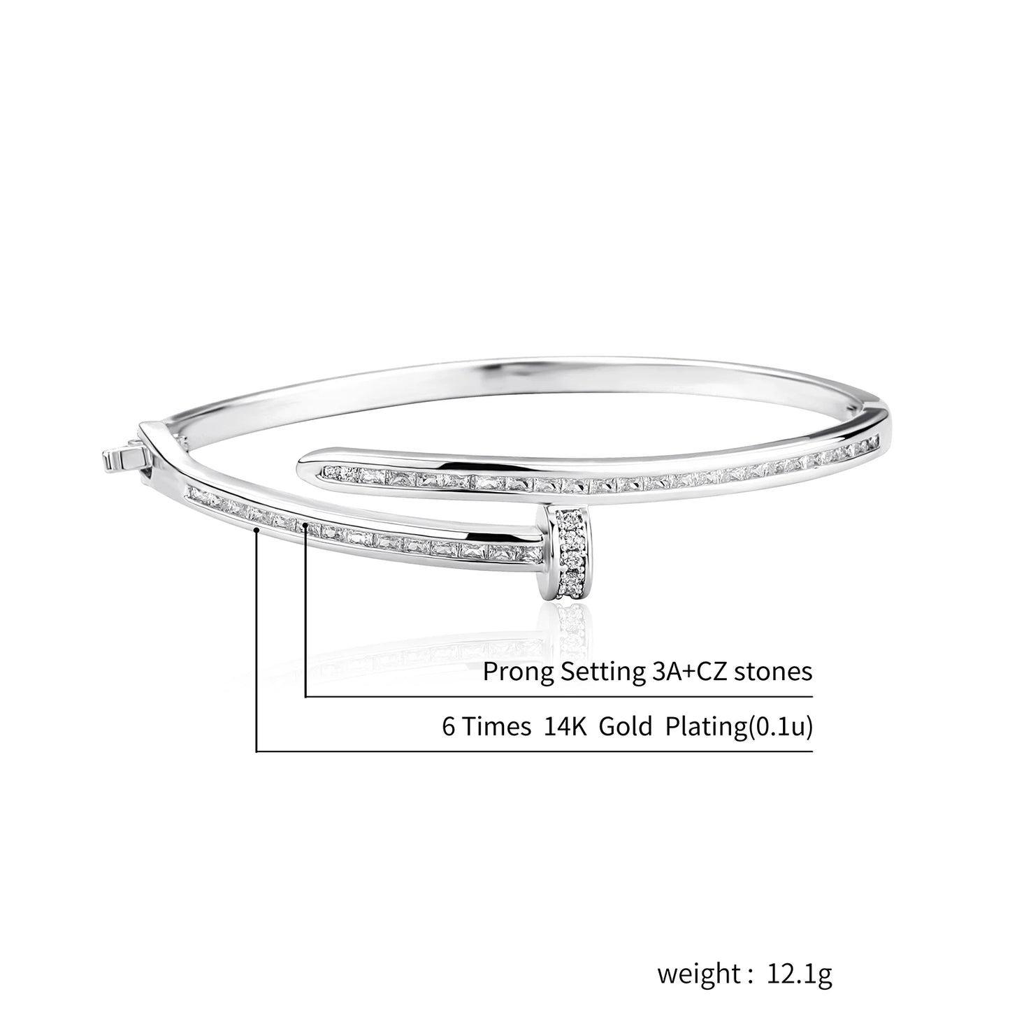 ALLICEONYOU Bending Nail Bracelet – Iced Out Silver Hip Hop Charm with High-Quality Cubic Zirconia