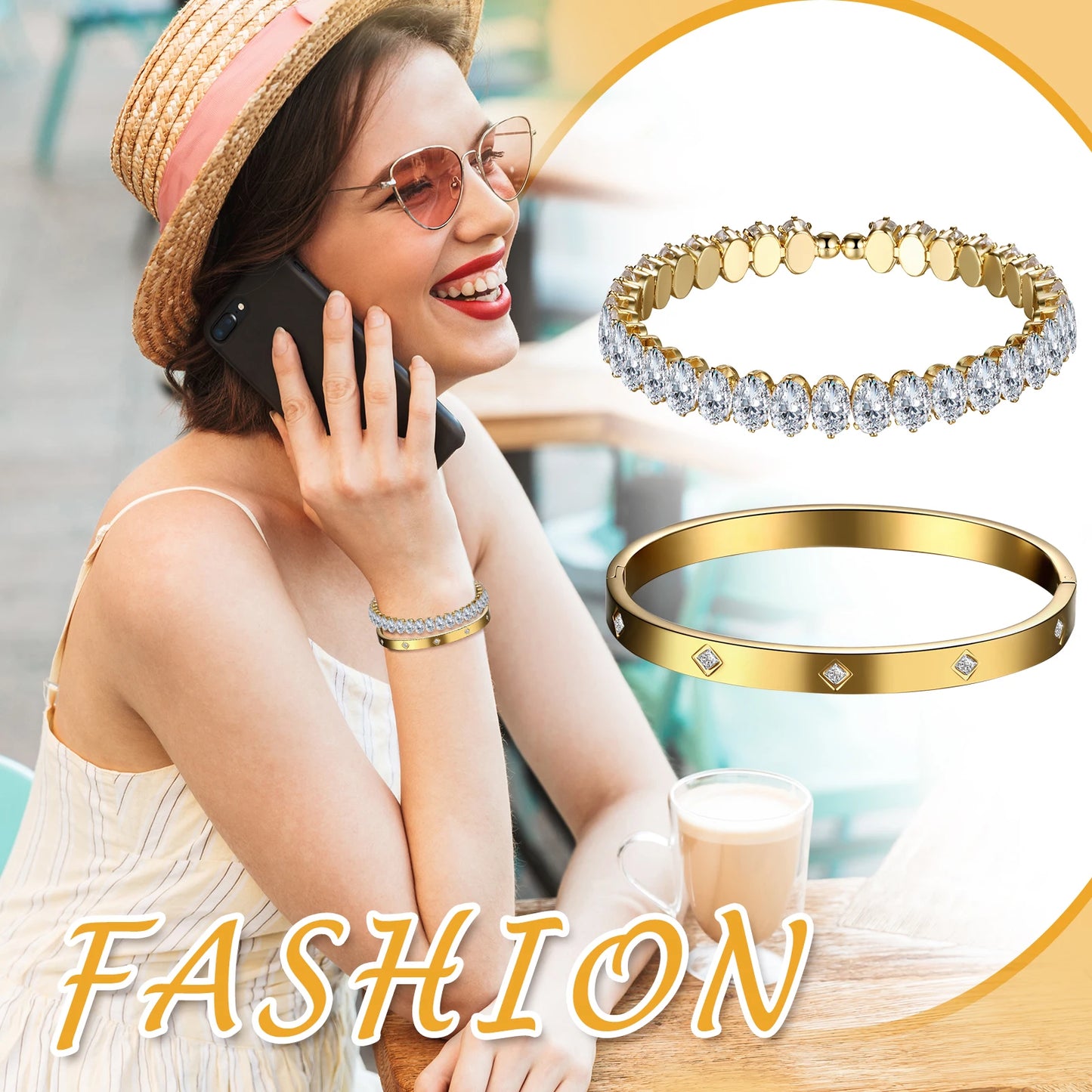 BONISKISS Ladies' 2-Piece Adjustable Fold Bracelets – Exquisite Gold Jewelry with Zirconia