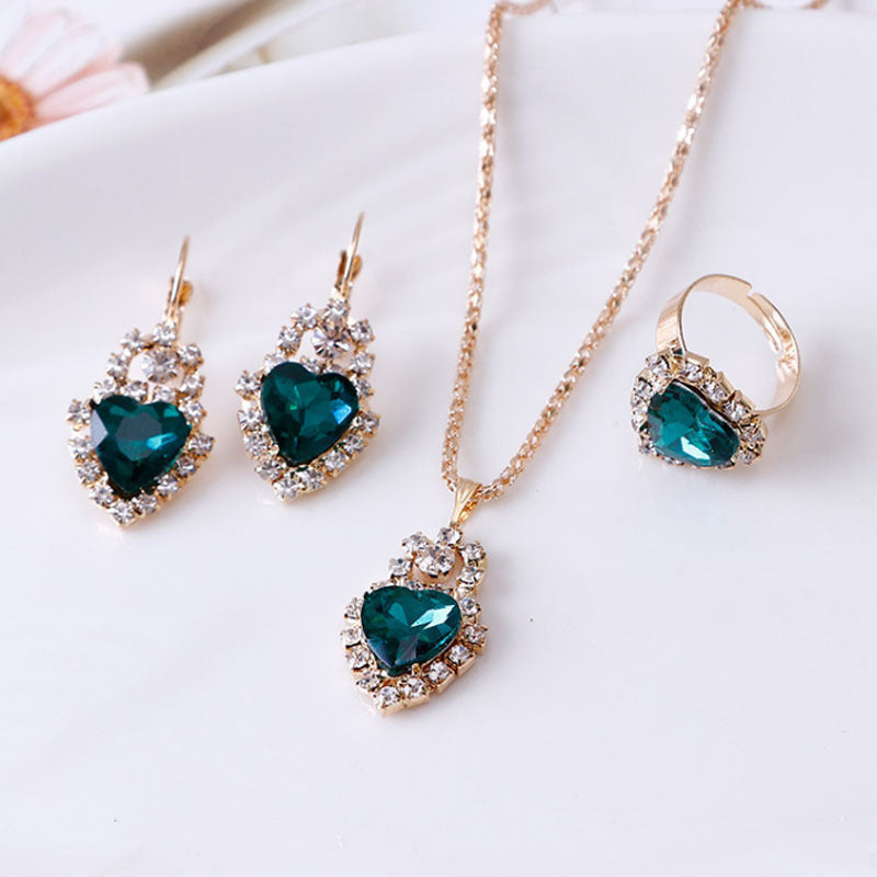 Water Drop Rhinestone Necklace, Earrings, and Ring Set