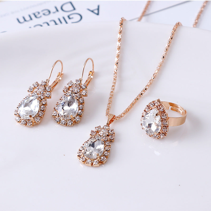 Water Drop Rhinestone Necklace, Earrings, and Ring Set