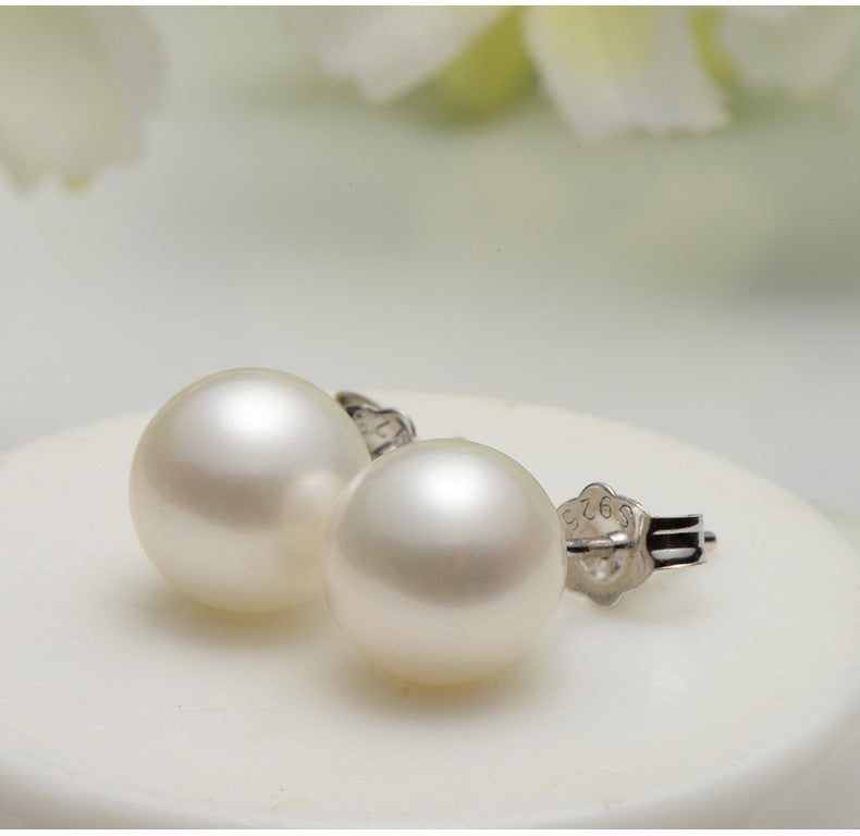 S925 Sterling Silver Needle Freshwater Pearl Ear Studs – Elegant Geometric Design