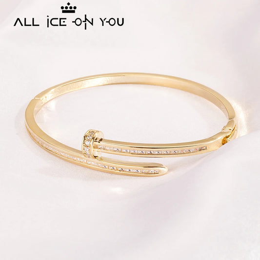 ALLICEONYOU Bending Nail Bracelet – Iced Out Silver Hip Hop Charm with High-Quality Cubic Zirconia