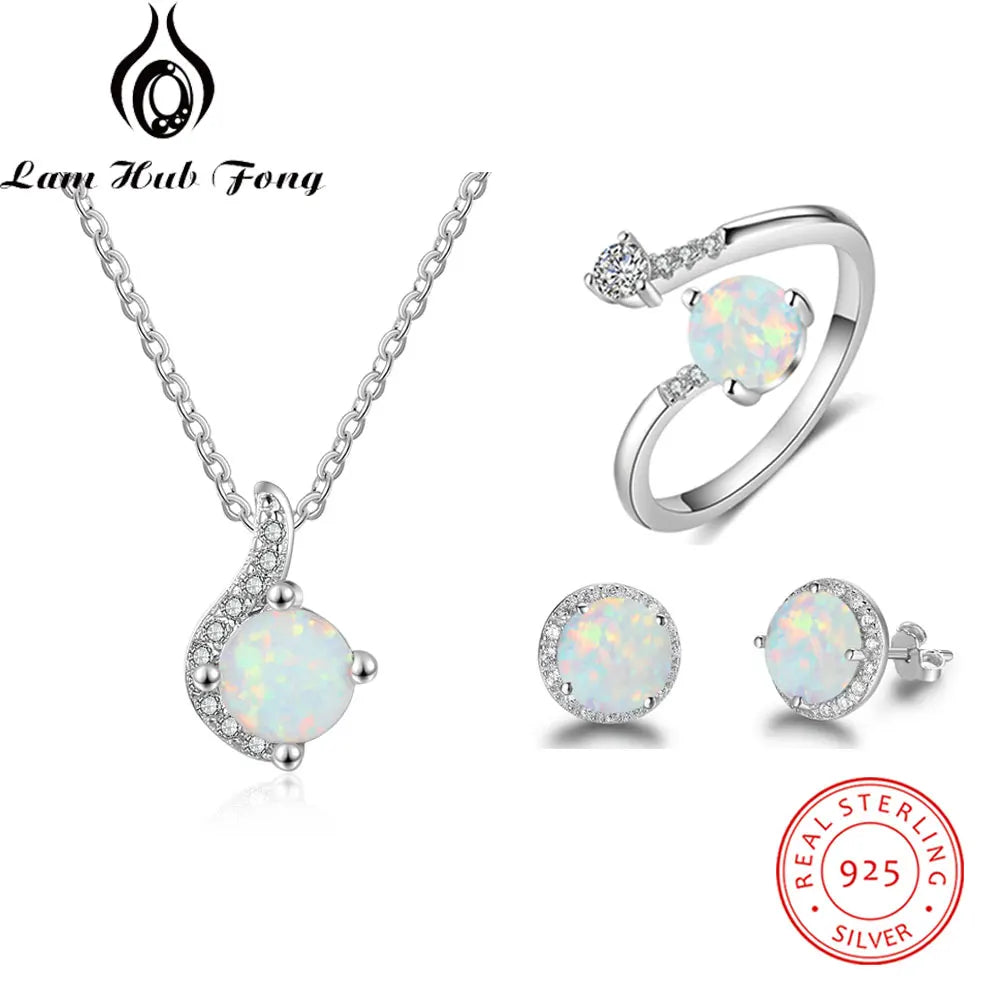 Jewelry Sets for Women Dainty 925 Sterling Silver White Opal Ring Earrings Chain Necklace Wedding Jewelry Sets