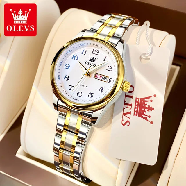 OLEVS Women's Waterproof Quartz Watch – Elegant Luminous Stainless Steel Gold Fashion Wristwatch