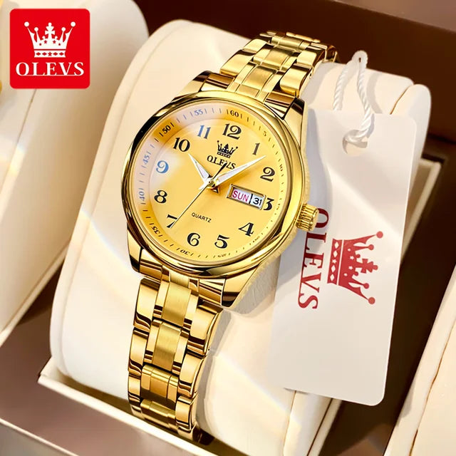 OLEVS Women's Waterproof Quartz Watch – Elegant Luminous Stainless Steel Gold Fashion Wristwatch