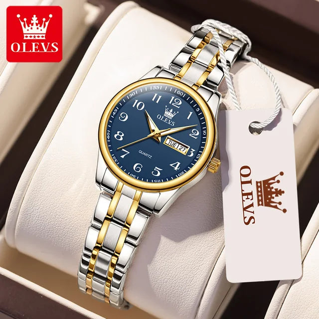 OLEVS Women's Waterproof Quartz Watch – Elegant Luminous Stainless Steel Gold Fashion Wristwatch