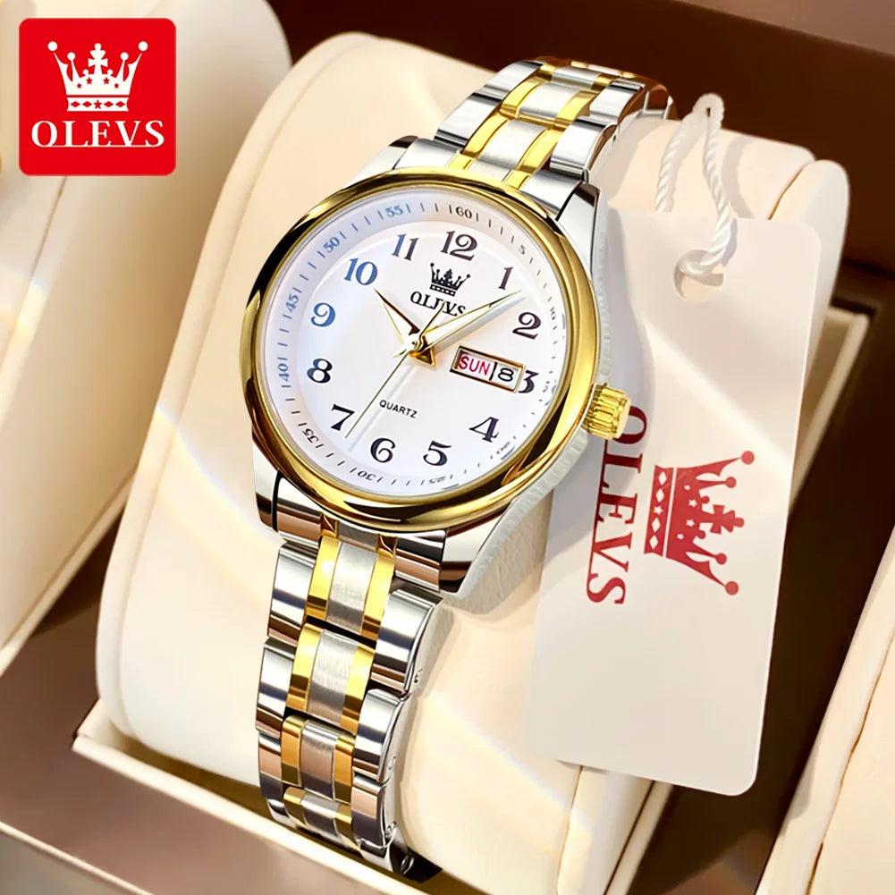 OLEVS Women's Waterproof Quartz Watch – Elegant Luminous Stainless Steel Gold Fashion Wristwatch