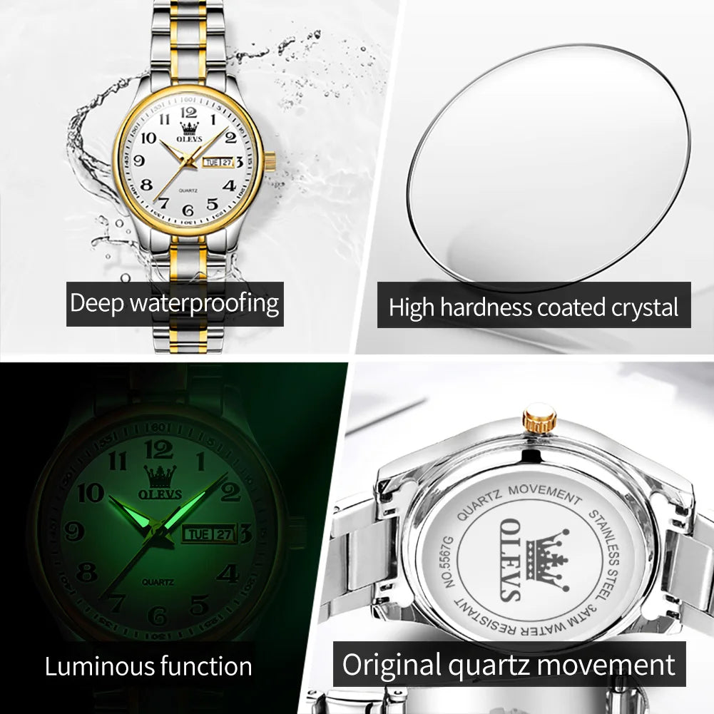 OLEVS Women's Waterproof Quartz Watch – Elegant Luminous Stainless Steel Gold Fashion Wristwatch