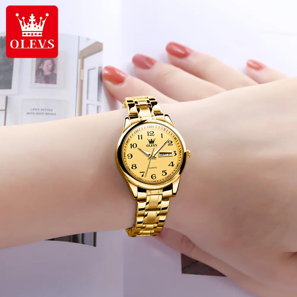 OLEVS Women's Waterproof Quartz Watch – Elegant Luminous Stainless Steel Gold Fashion Wristwatch