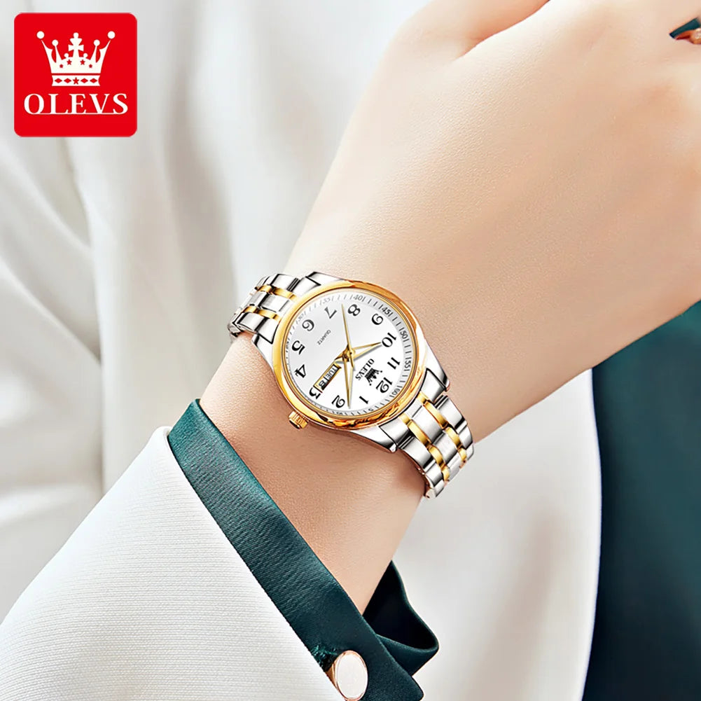 OLEVS Women's Waterproof Quartz Watch – Elegant Luminous Stainless Steel Gold Fashion Wristwatch