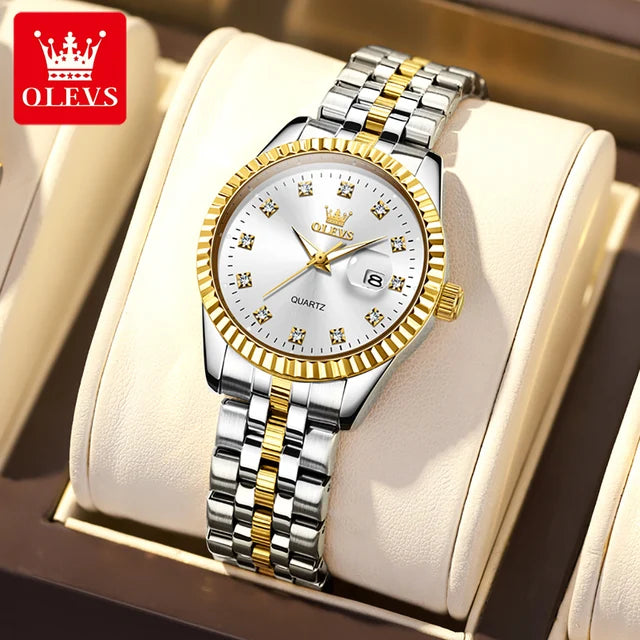 OLEVS Women's Luxury Diamond Watch Set – Elegant Stainless Steel Waterproof Wristwatch with Luminous Features