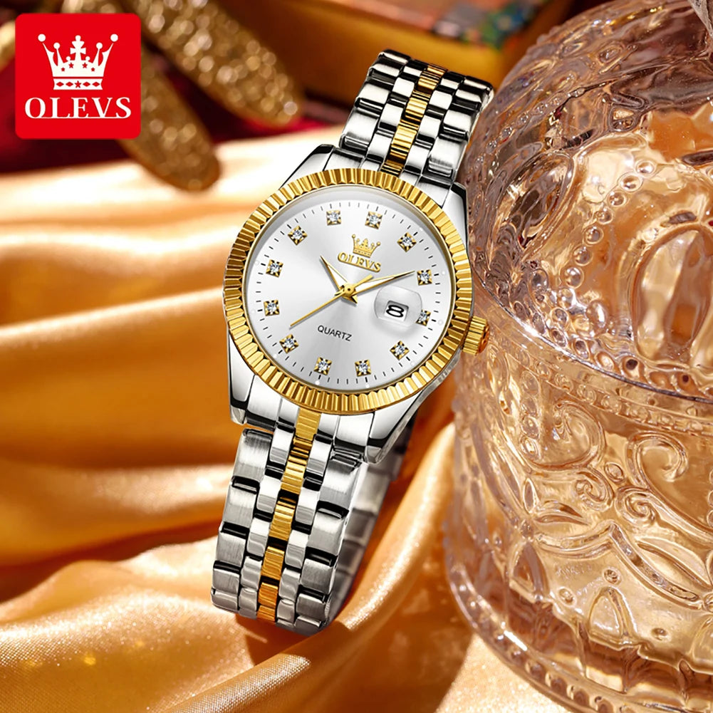 OLEVS Women's Luxury Diamond Watch Set – Elegant Stainless Steel Waterproof Wristwatch with Luminous Features