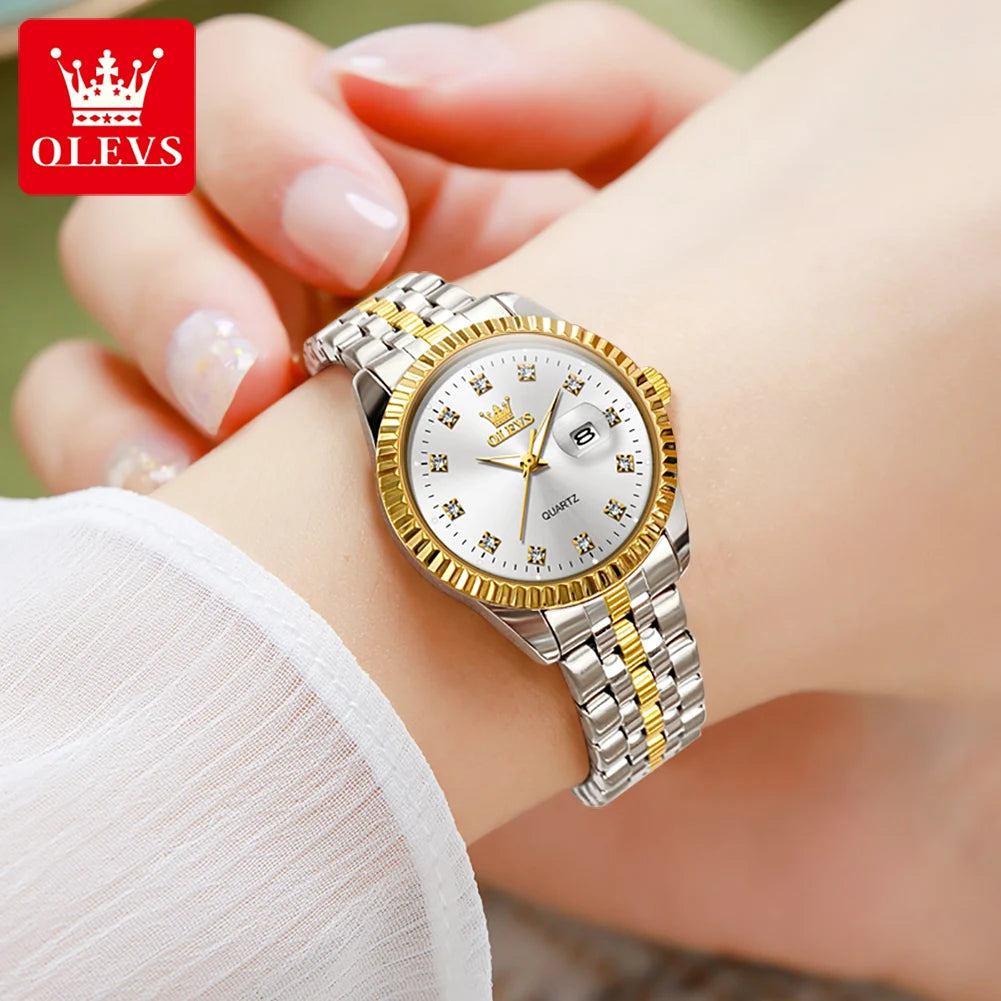 OLEVS Women's Luxury Diamond Watch Set – Elegant Stainless Steel Waterproof Wristwatch with Luminous Features