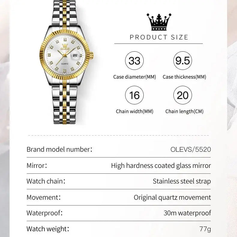 OLEVS Women's Luxury Diamond Watch Set – Elegant Stainless Steel Waterproof Wristwatch with Luminous Features