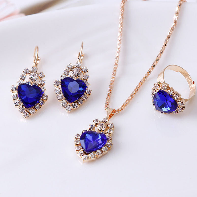 Water Drop Rhinestone Necklace, Earrings, and Ring Set