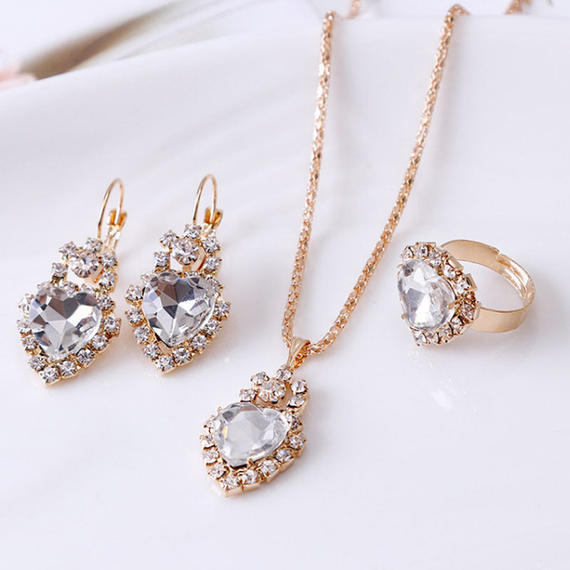 Water Drop Rhinestone Necklace, Earrings, and Ring Set