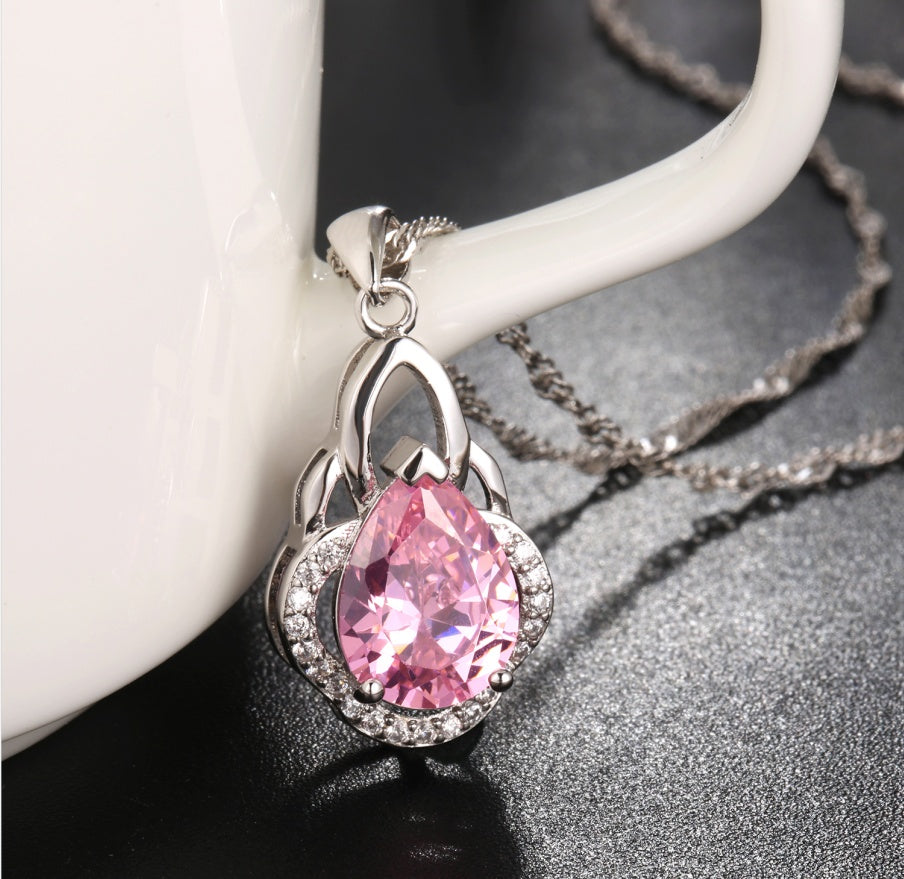 14k White Gold Plated Pear Shape Cubic Zirconia Crown Pendant Necklace for Women